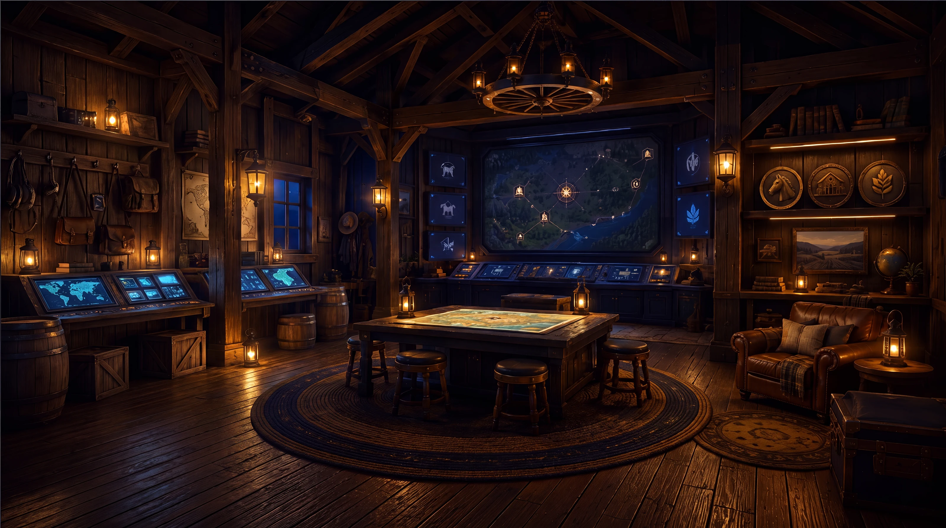 A lantern-lit ranch lodge with a map table and a bank of command screens on the back wall.