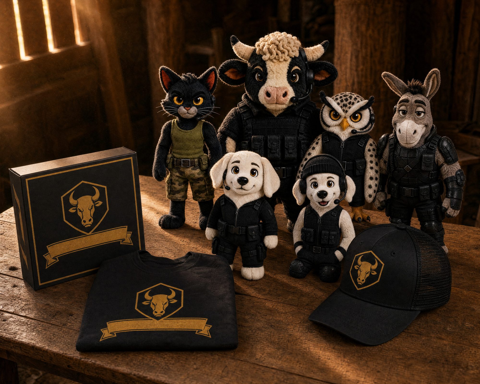 The six crew plush with a Phantom Ranch tee, cap and collector box on a barn workbench