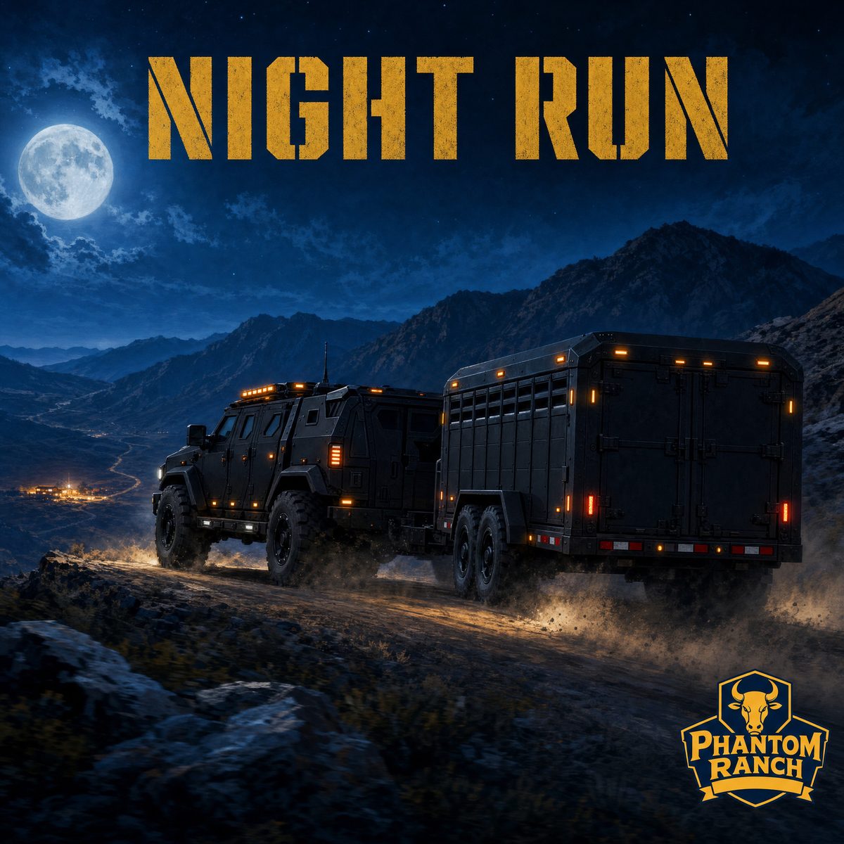 Night Run key art, rig hauling a trailer under a full moon