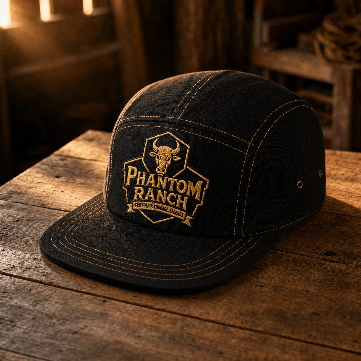 Overwatch five-panel cap, gold embroidery on black