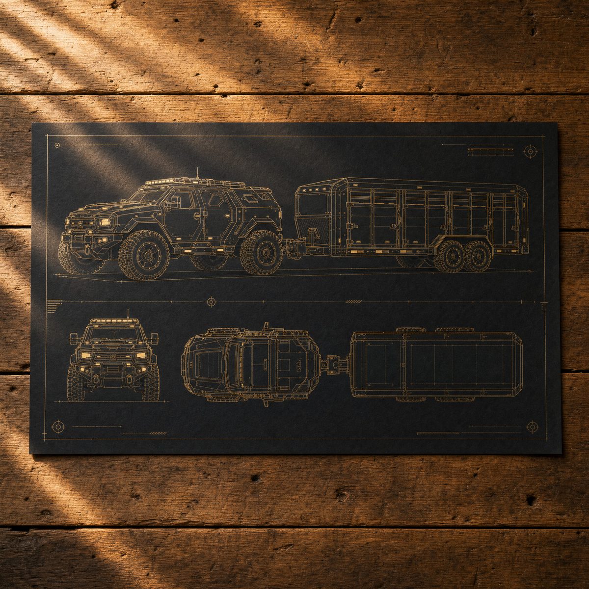 Fleet blueprint print, gold line work on charcoal
