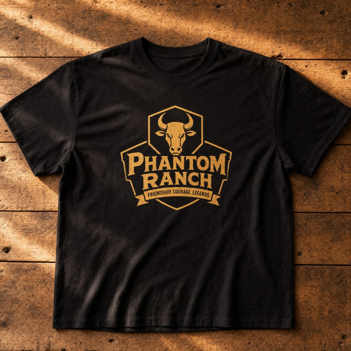 Phantom Ranch crest tee, gold on black