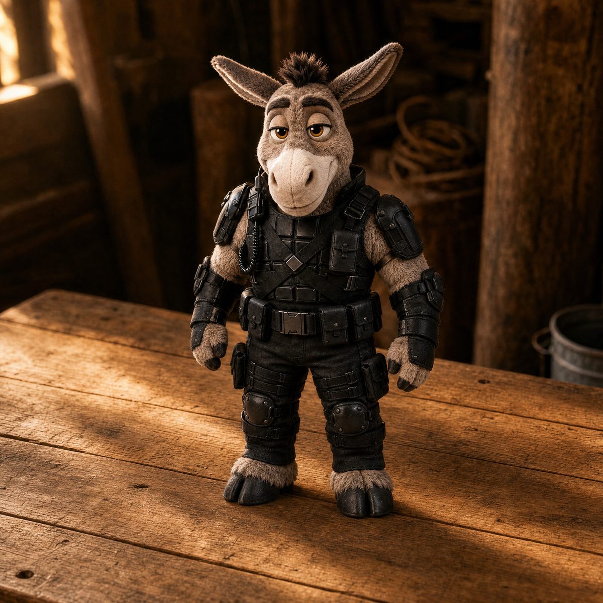 Dominic plush, donkey in armored rescue gear