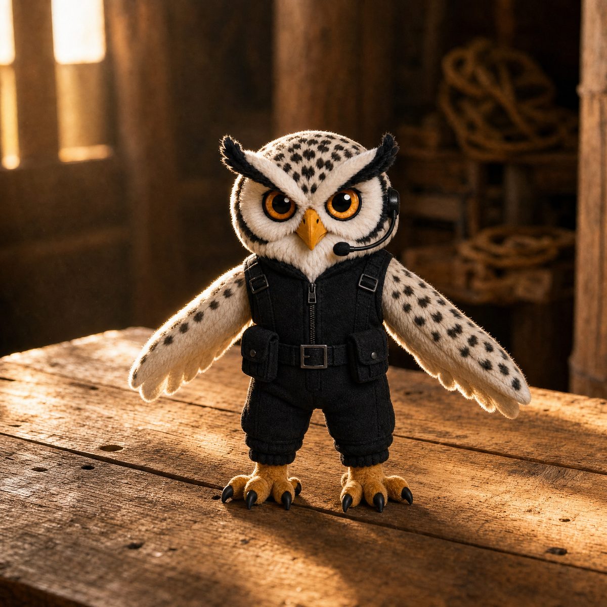 Echo plush, great horned owl in a rescue vest