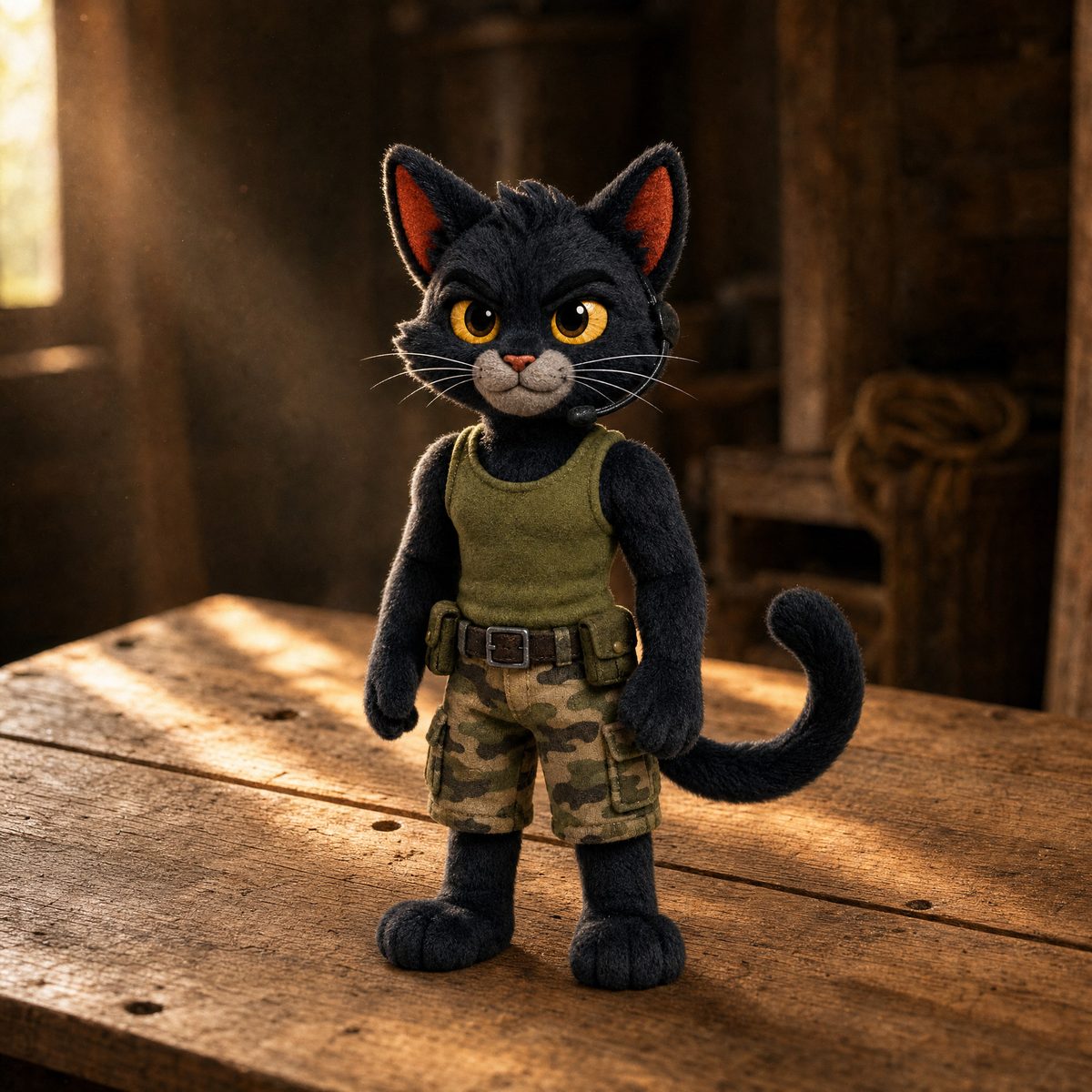 Gomez plush, cat in olive tank and camo shorts