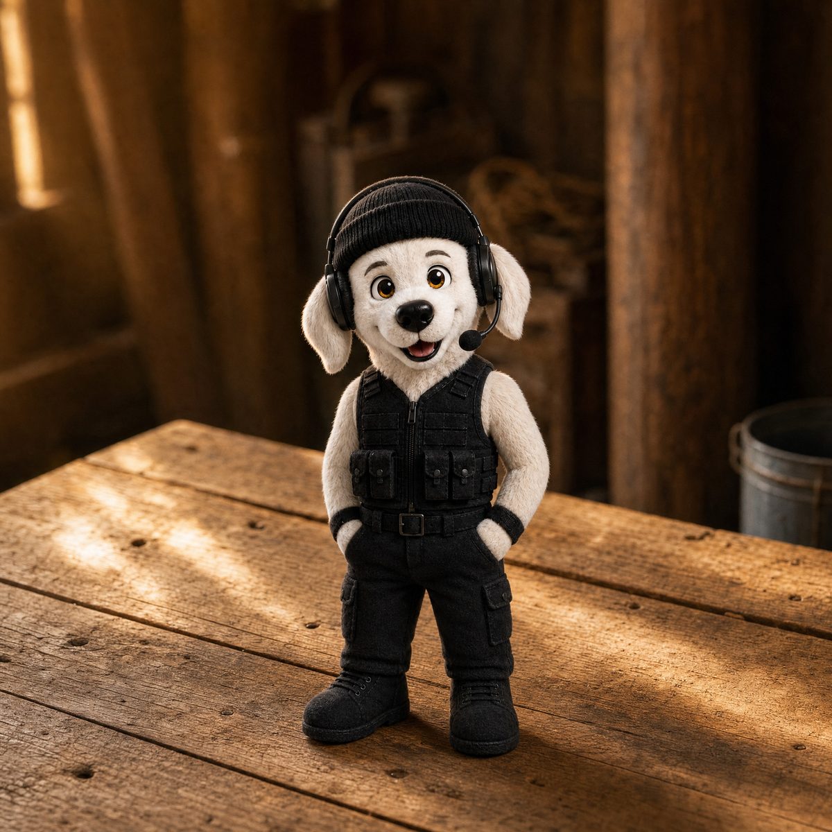 Lorenzo plush, young dog in beanie and headset