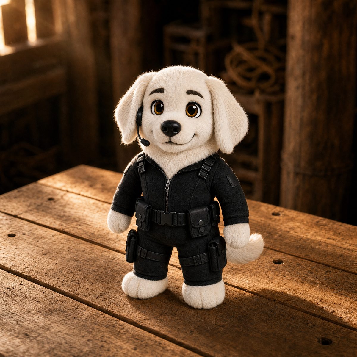 Luna crew plush on a workbench