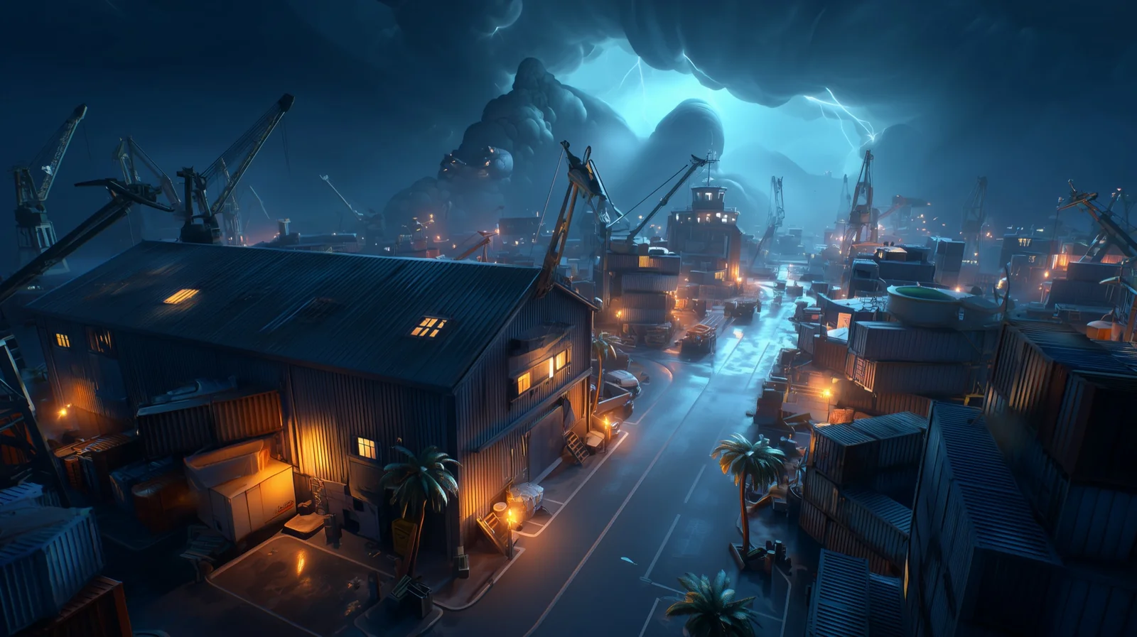 The dockyard from above as the storm rolls in