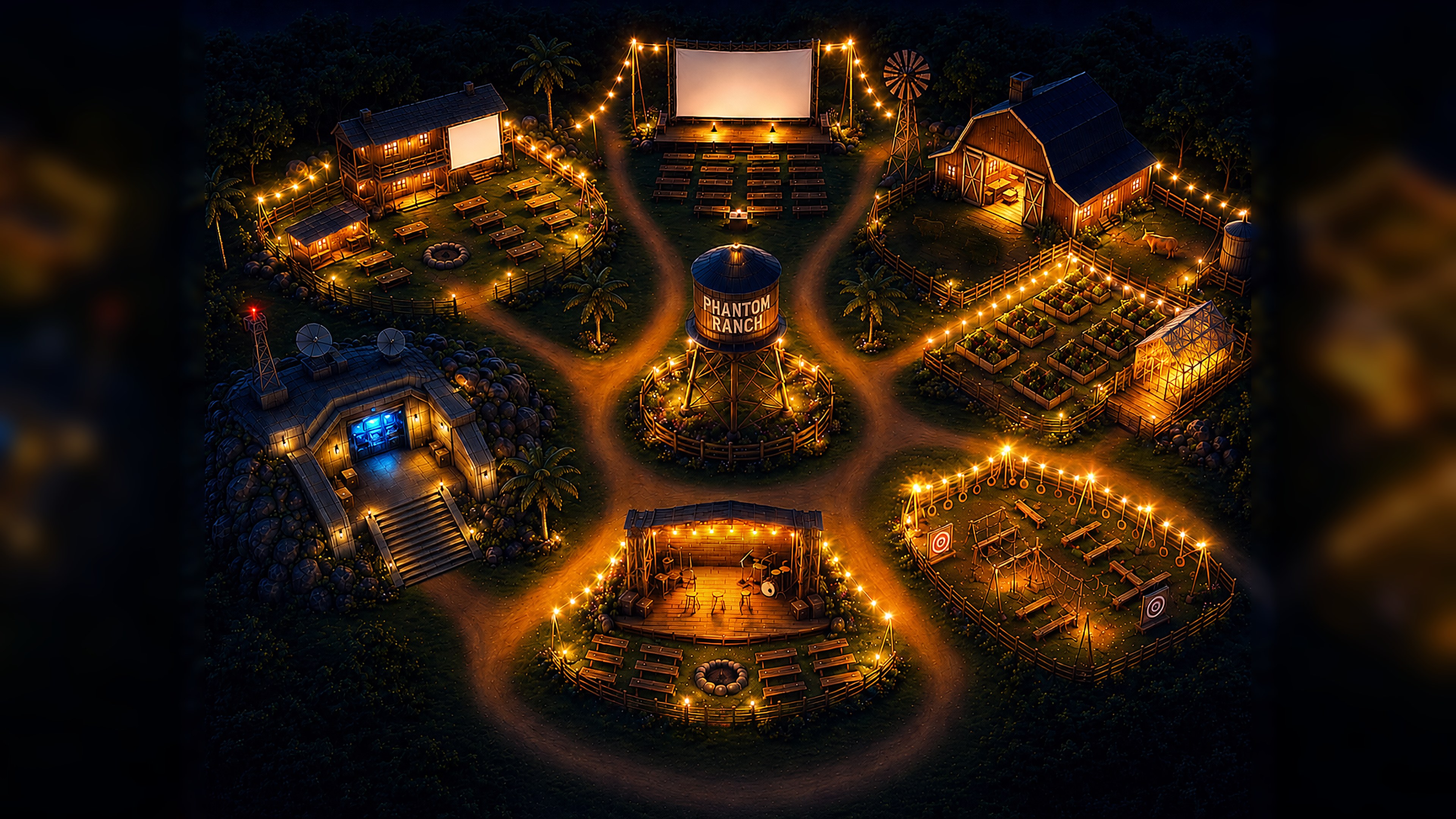 Night aerial view of Phantom Ranch: a drive-in theatre at the top, the general store to the upper left, the barn and gardens to the upper right, the command bunker on the left, the training grounds to the lower right, the open-air concert stage at the bottom, and the water tower at the centre, all joined by lit paths.